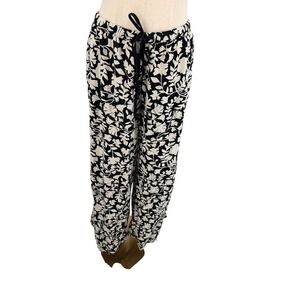 Wide Leg Pants Womens L Black White Floral Linen Blend Drawstring Casual Summer